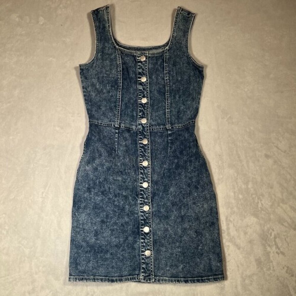 Jordache Vtg Dress Womens XS‎ Blue Jean Denim Button Front Mini Dark Acid Wash
